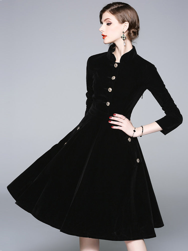 Black Hepburn stand-up neck gold velvet dress