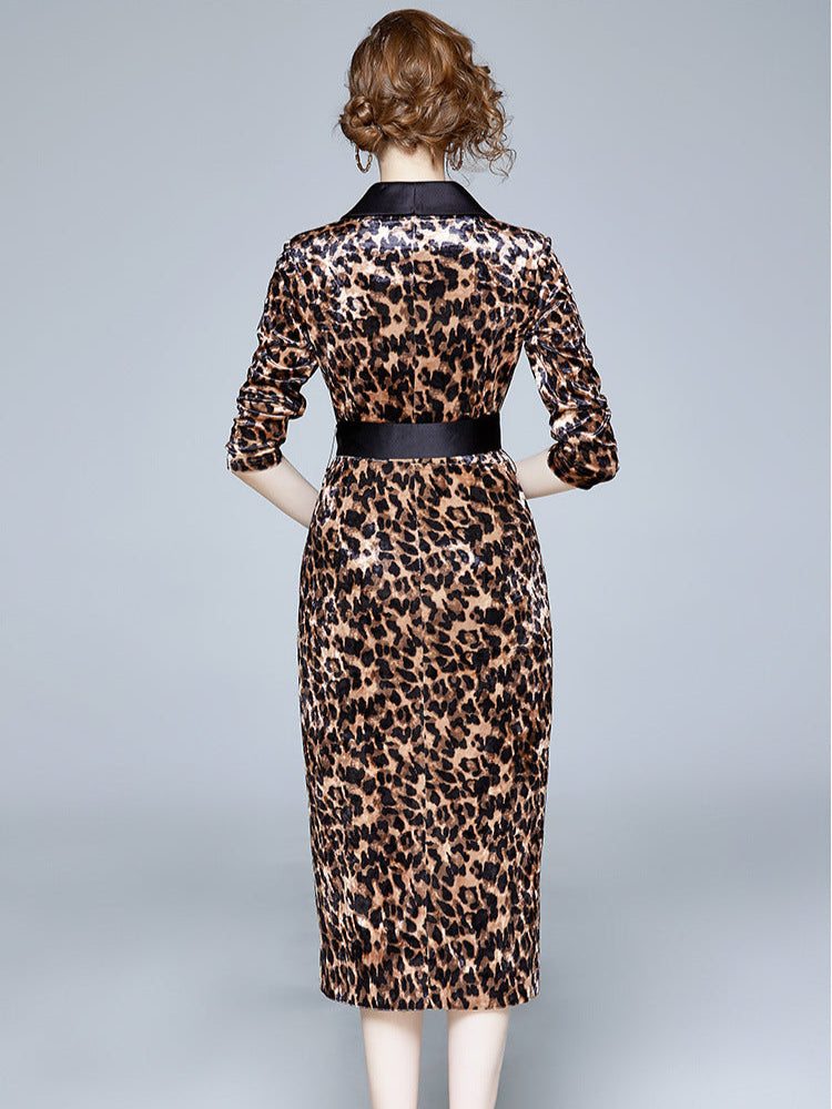 French golden velvet leopard print dress