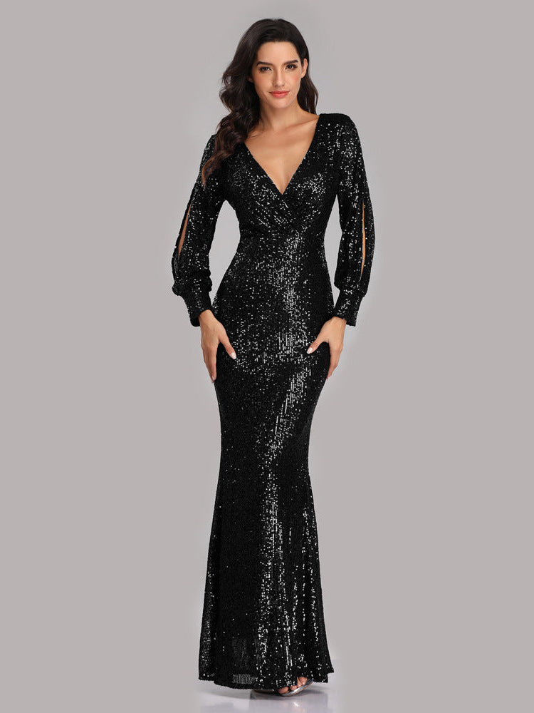 Large Size Long Sleeve V-Neck Sequined Fishtail Dress