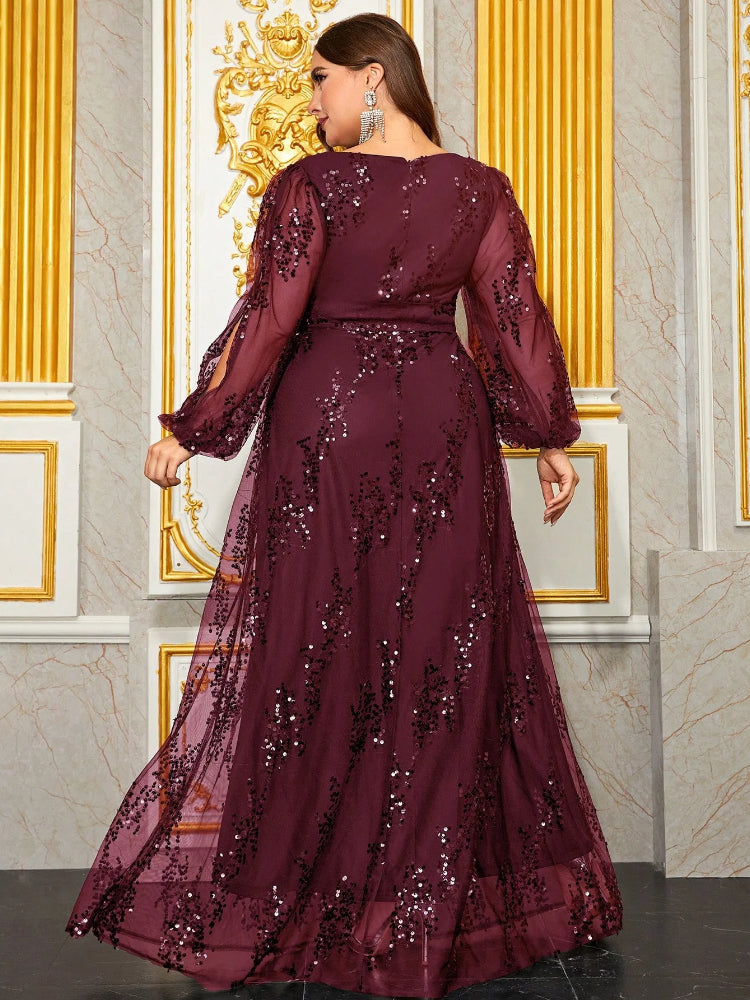 Large Sequin Embroidered V-Neck Party Evening Dress