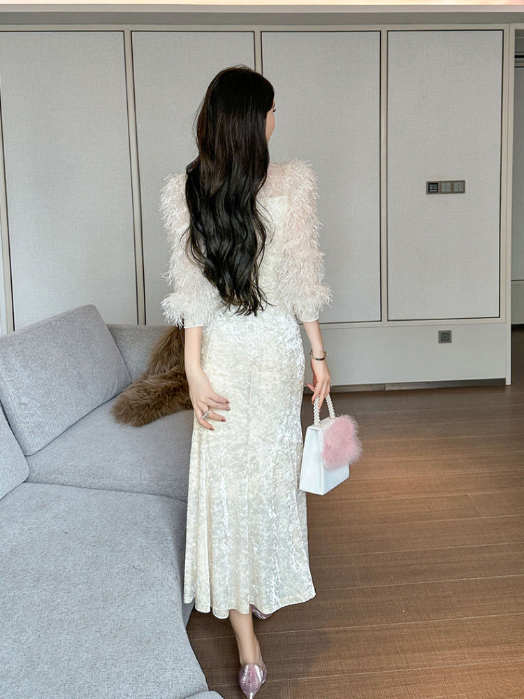 Diamond studded plush fish tail dress