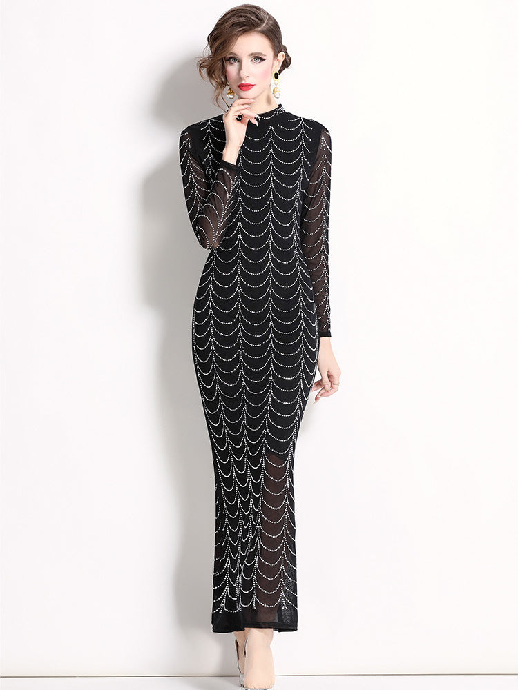 Stand-up neck mesh hot diamond hip dress