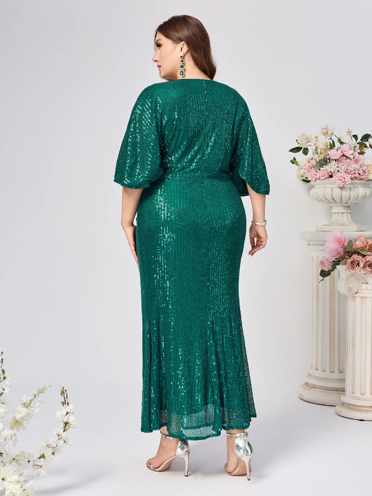 Large size sequined V-neck high waist evening dress