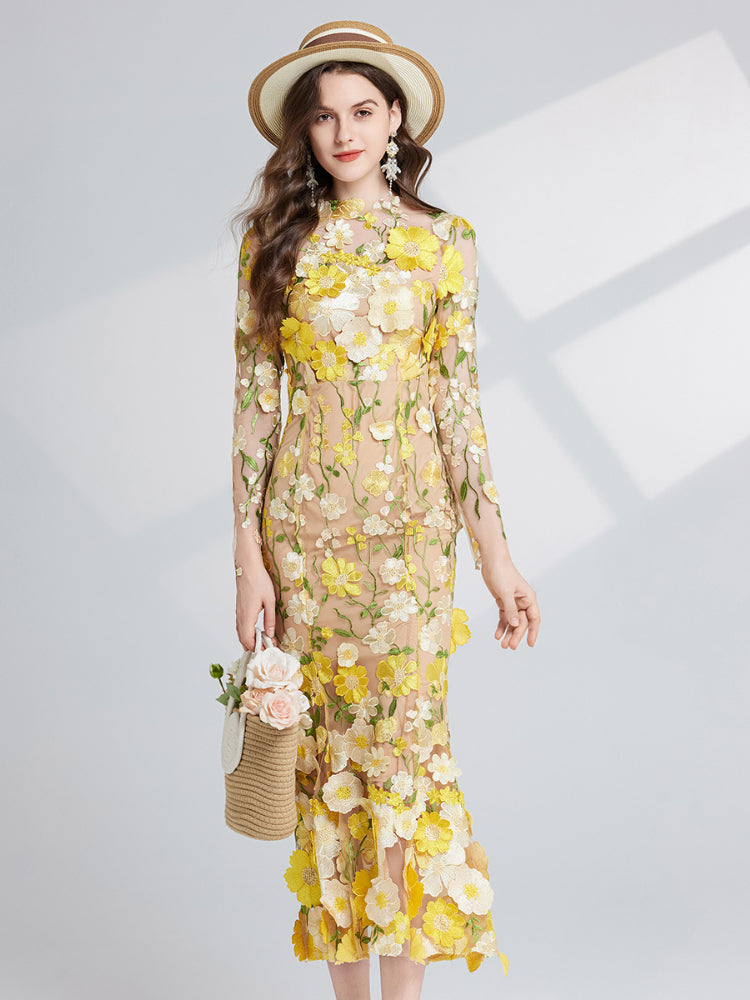 French three-dimensional embroidery long sleeved dress