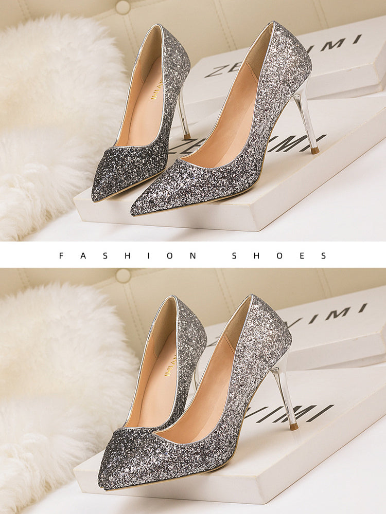 Nightclub tip gradual change sequined high heels