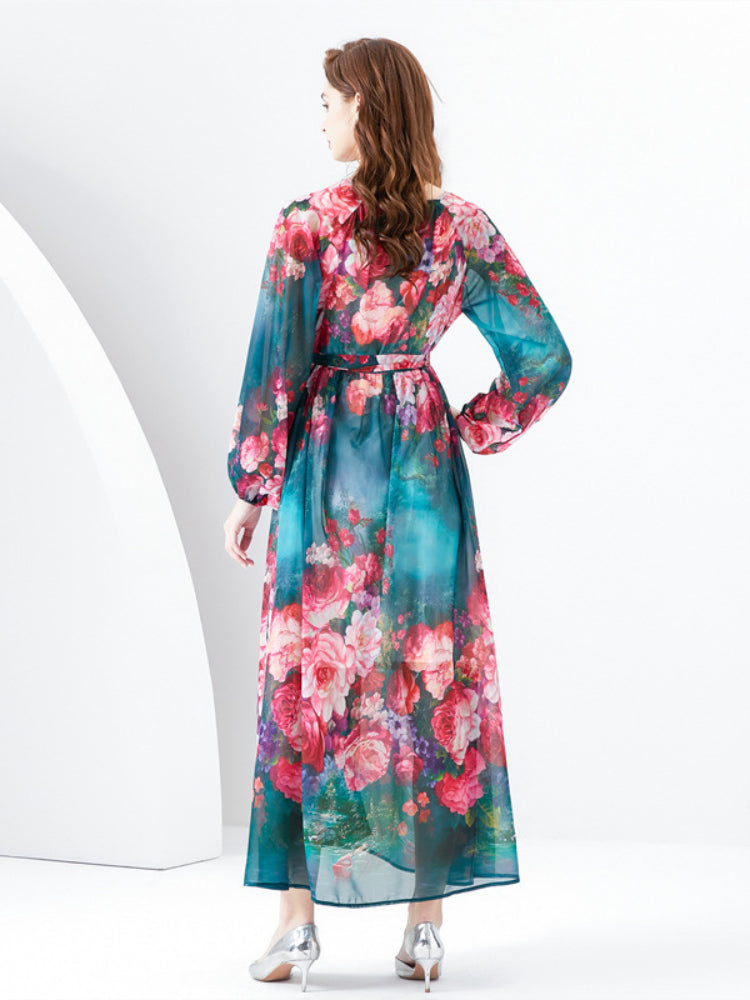 V-neck lantern sleeve wavy edge painted dress