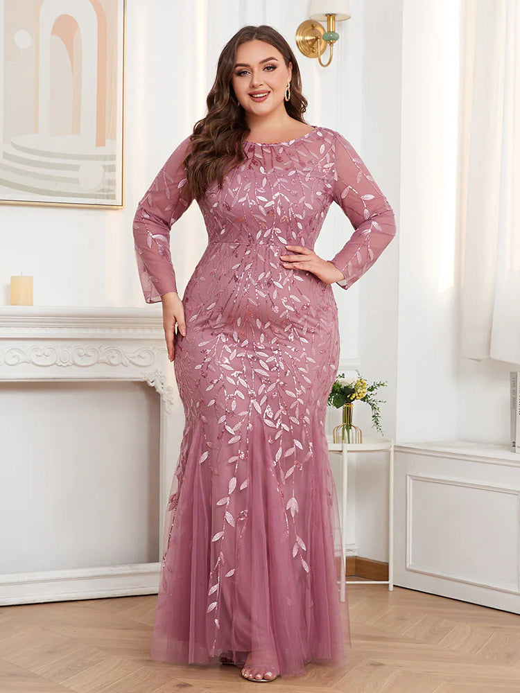 Large Size Crew Neck Embroidered Long Sleeve Fishtail Evening Dress