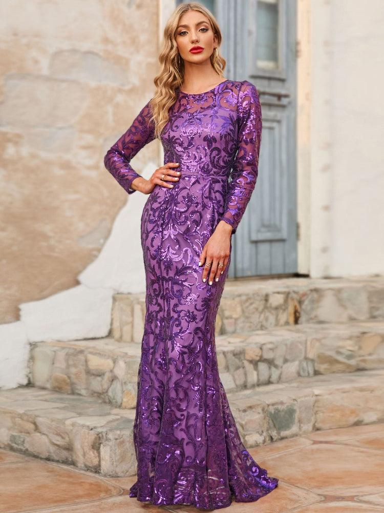 Purple fashion sequin long sleeved dress