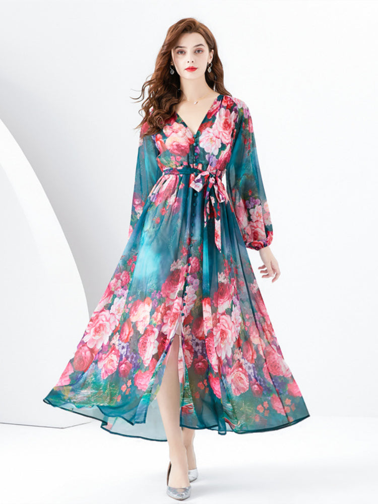 V-neck lantern sleeve wavy edge painted dress