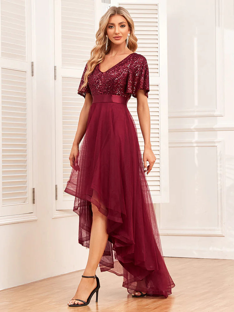 Fashion stitching V-neck irregular evening dress