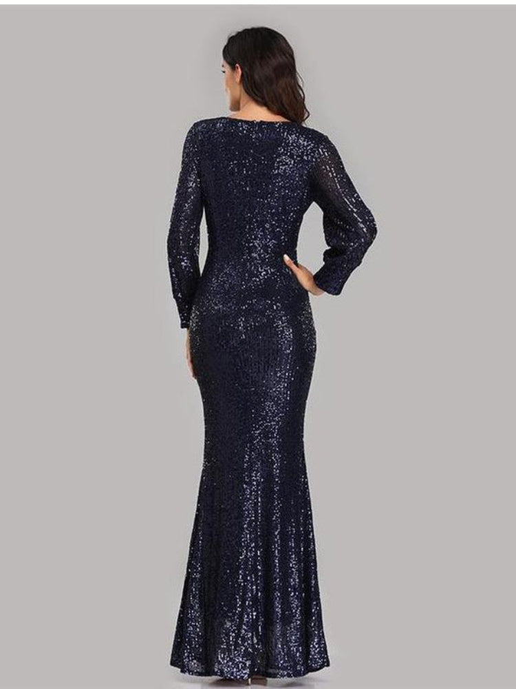 Large Size Long Sleeve V-Neck Sequined Fishtail Dress