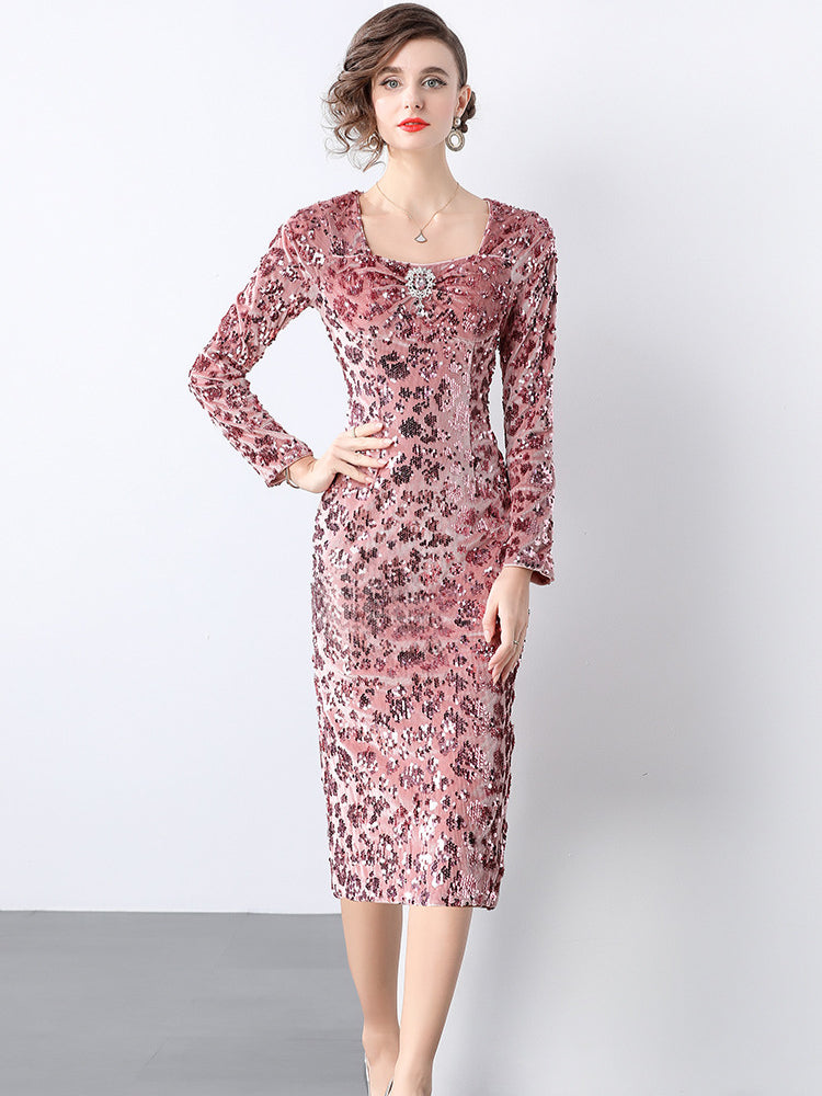 Light luxury velvet sequined hip dress