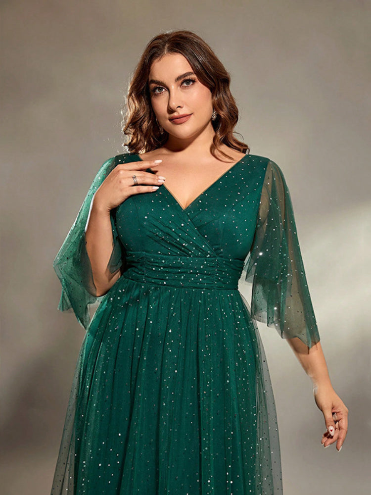 Green plus size fashionable sequin curved mesh dress