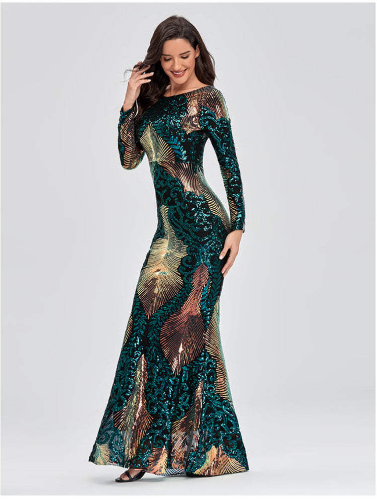 High-waisted backless sequined long-sleeved fishtail dress