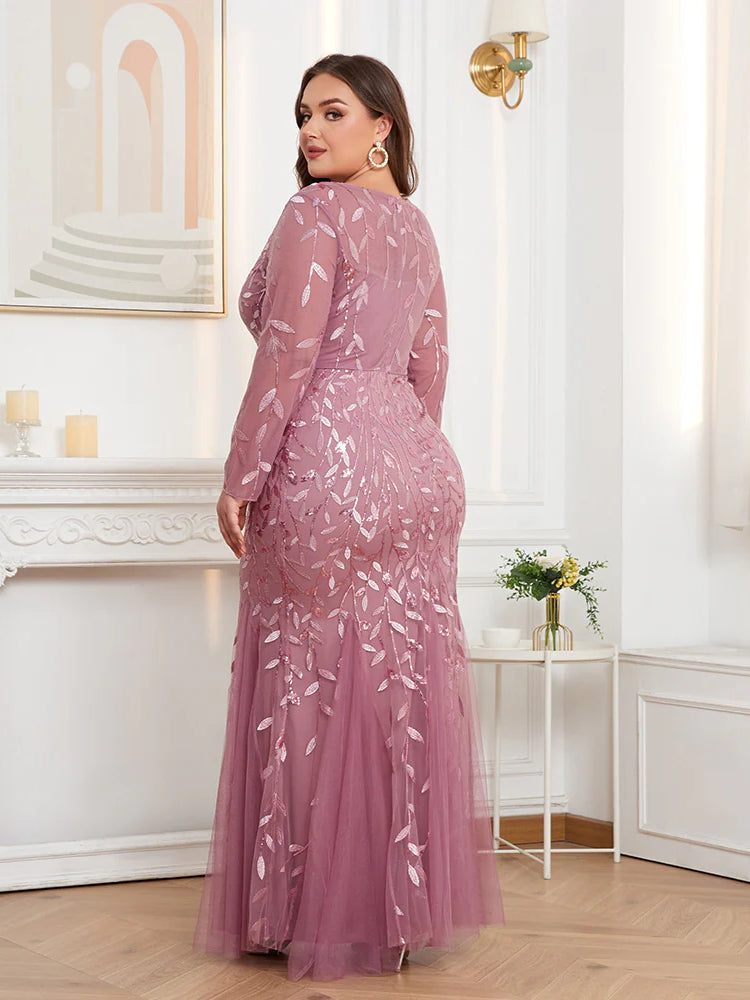 Large Size Crew Neck Embroidered Long Sleeve Fishtail Evening Dress