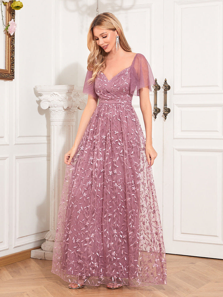 Pink elegant V-neck mesh embroidered evening dress