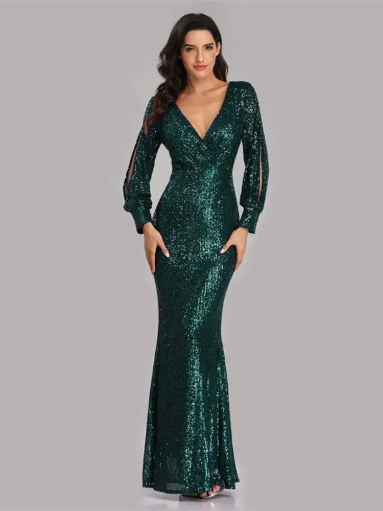 Long Sleeve V-Neck Sequin Fishtail Dress