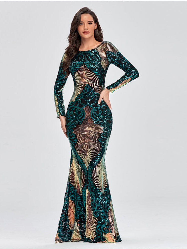 High-waisted backless sequined long-sleeved fishtail dress