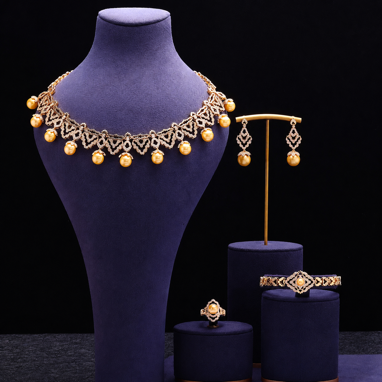 Luxury Gold Pearl Jewelry Set – Necklace Earrings Bracelet Ring for Women