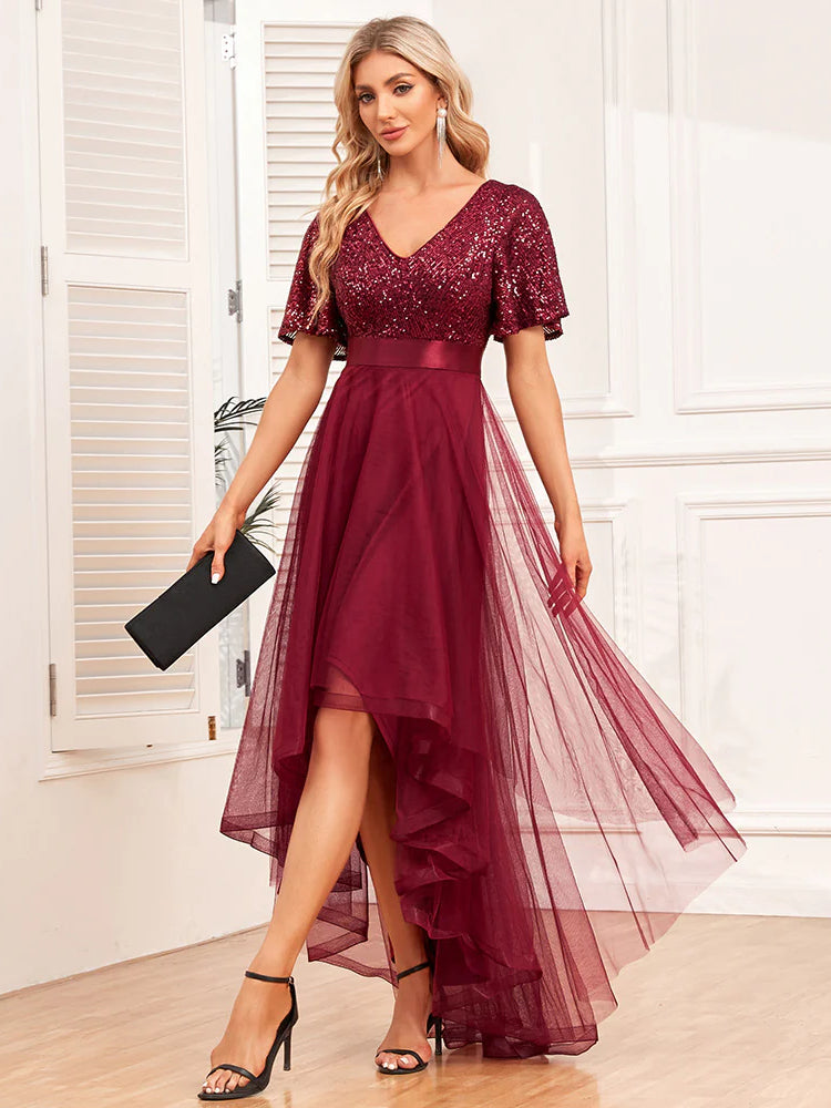 Fashion stitching V-neck irregular evening dress