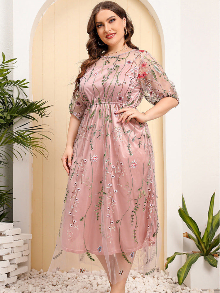 French plus size mesh embroidered dress