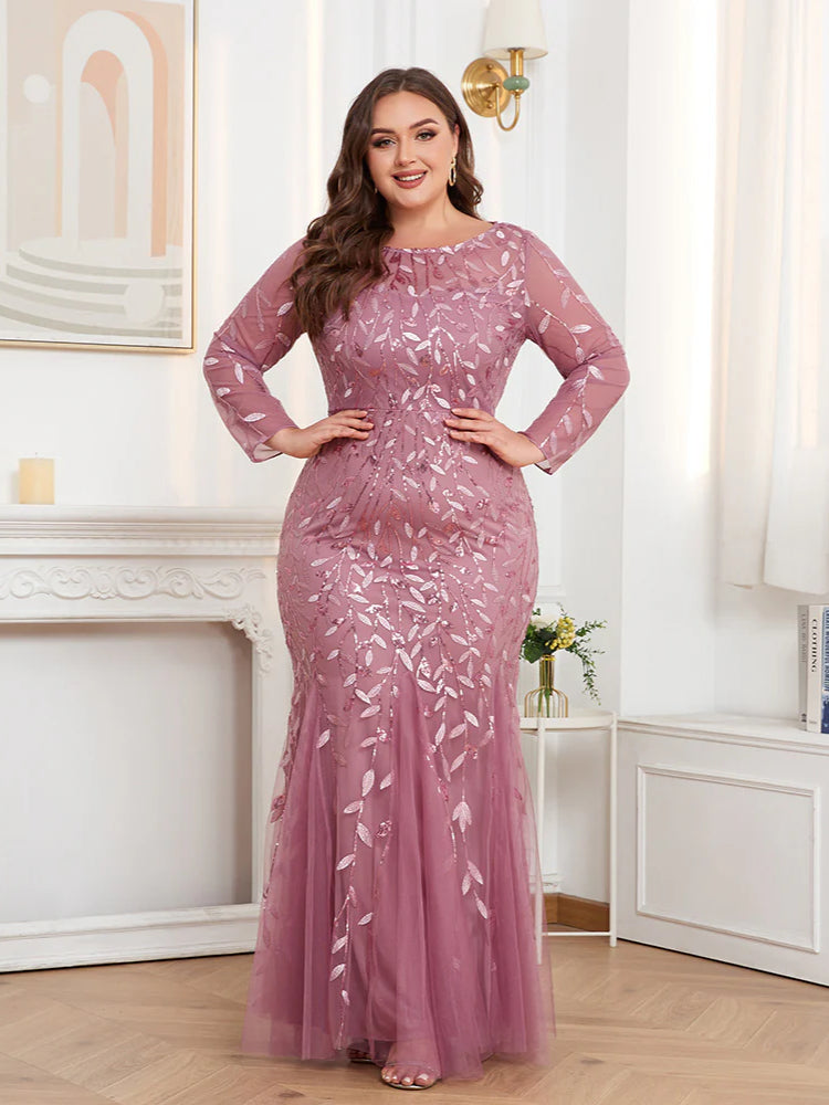 Large Size Crew Neck Embroidered Long Sleeve Fishtail Evening Dress