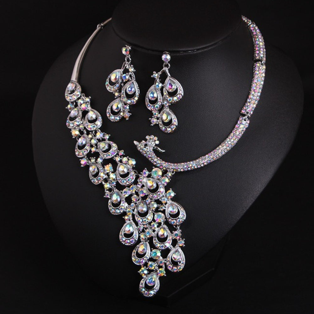 Luxury Multicolor Crystal Peacock Necklace and Earrings Jewelry Set