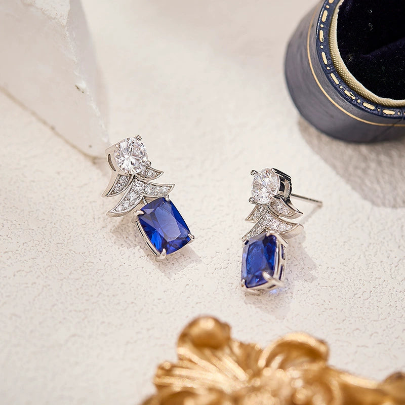Blue Sapphire Crystal Necklace and Earrings Set Luxury Jewelry for Women Elegant Party Set