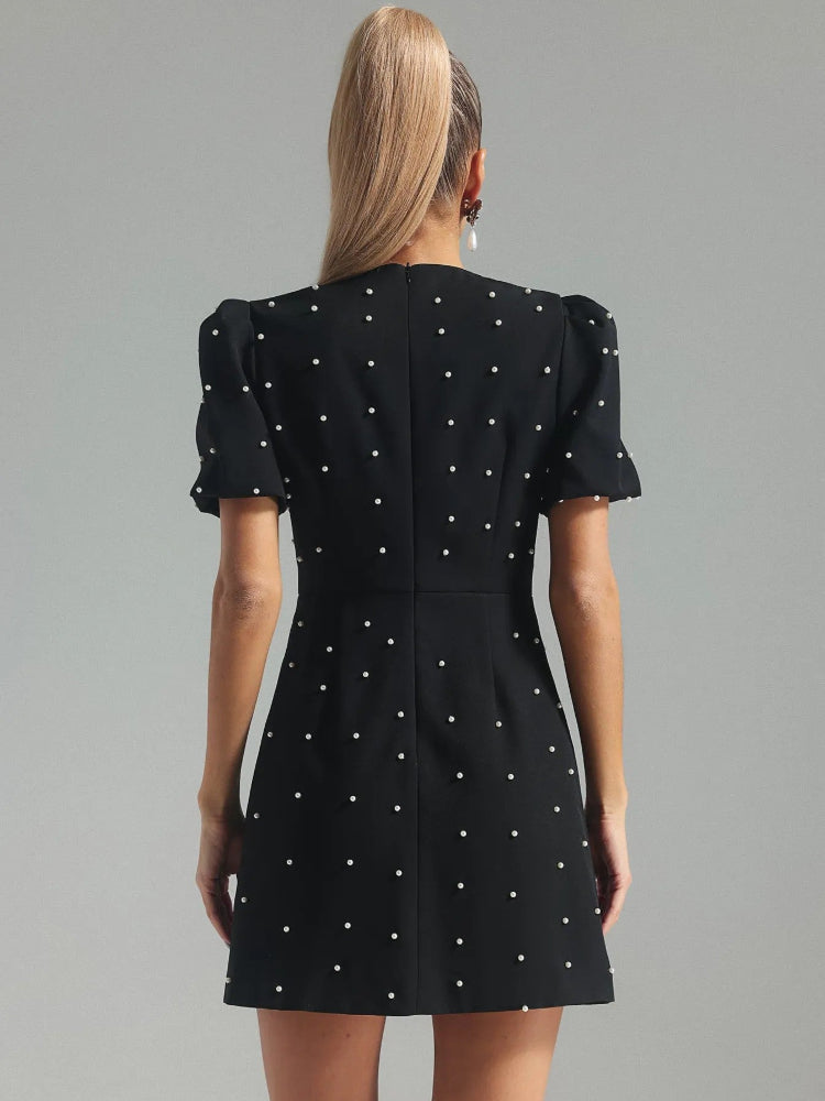 Black pearl bow hollow dress