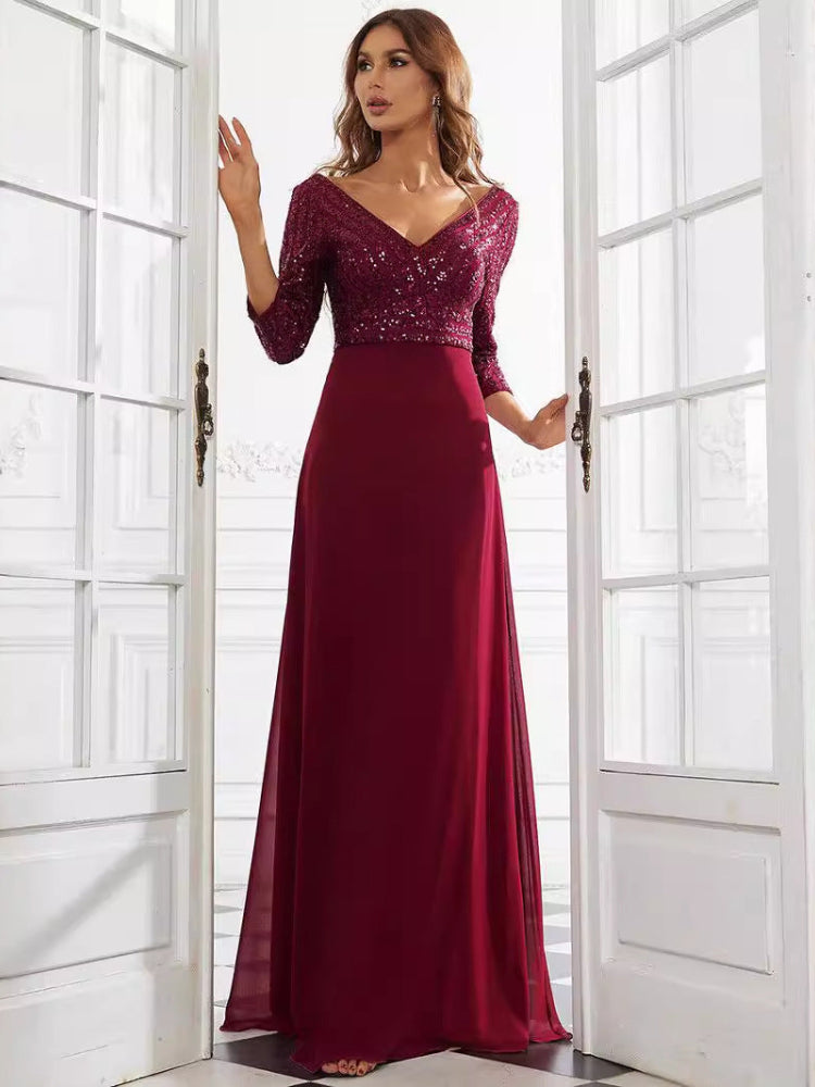 Chiffon double V-neck sequined splicing dress