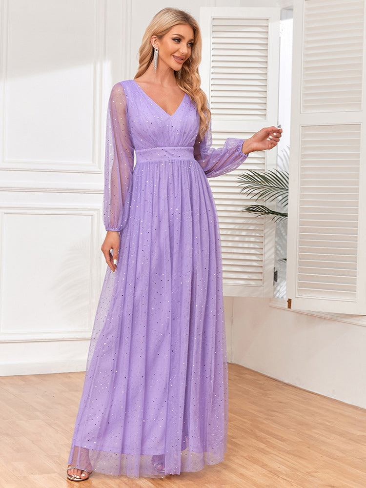 Purple Sequin V-Neck Lace Long Sleeve Dress