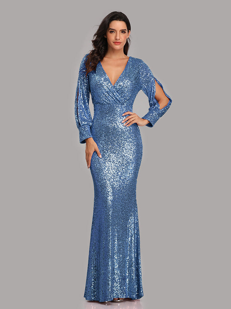 Large Size Long Sleeve V-Neck Sequined Fishtail Dress