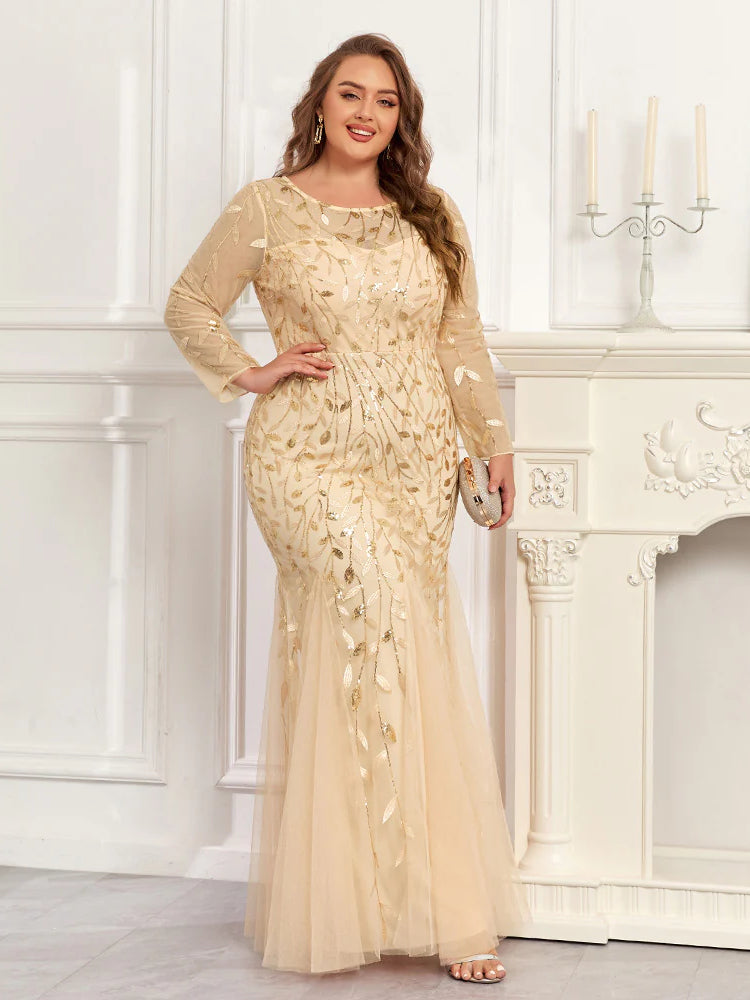 Large Size Crew Neck Embroidered Long Sleeve Fishtail Evening Dress