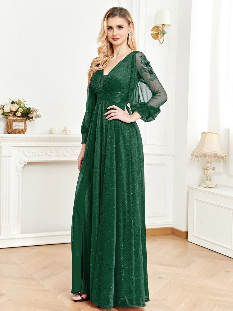 Sexy V-neck temperament long-sleeved dress