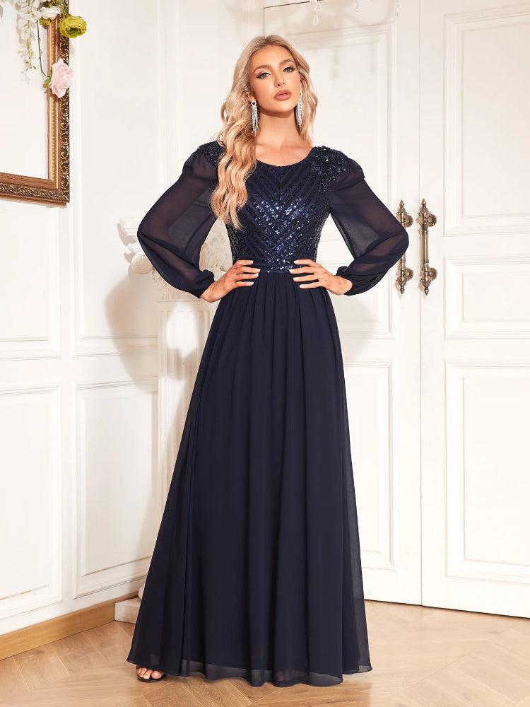 Fashion sequin temperament long-sleeved evening dress