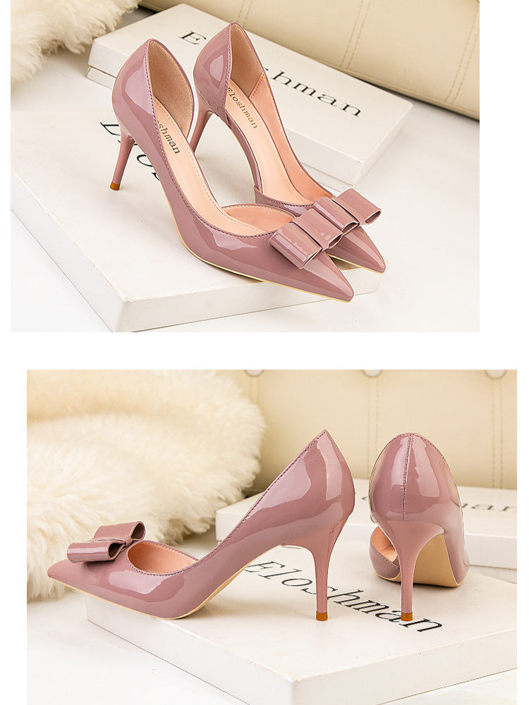 Bow Hollow Patent Leather Pointed Heels