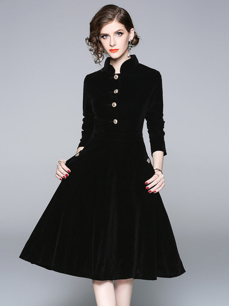 Black Hepburn stand-up neck gold velvet dress