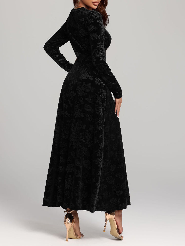 Fashion Velvet Print V-Neck Long Sleeve Dress