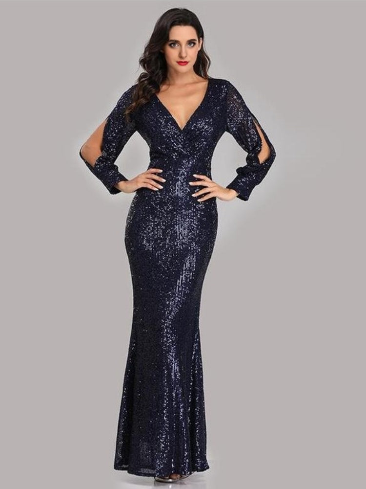 Large Size Long Sleeve V-Neck Sequined Fishtail Dress