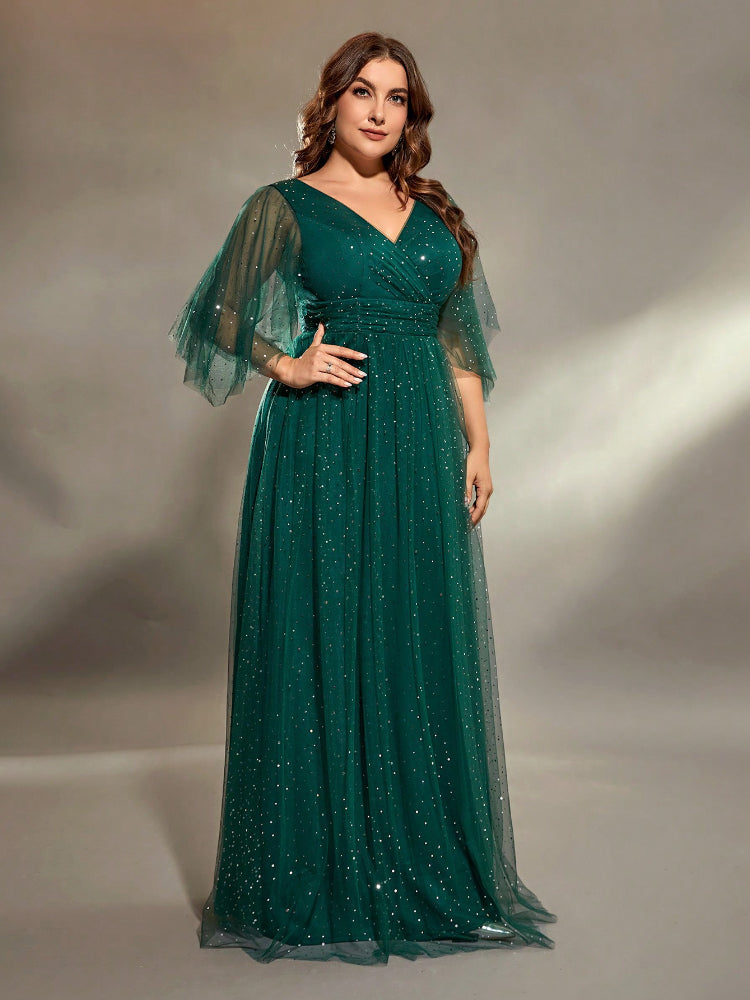 Green plus size fashionable sequin curved mesh dress