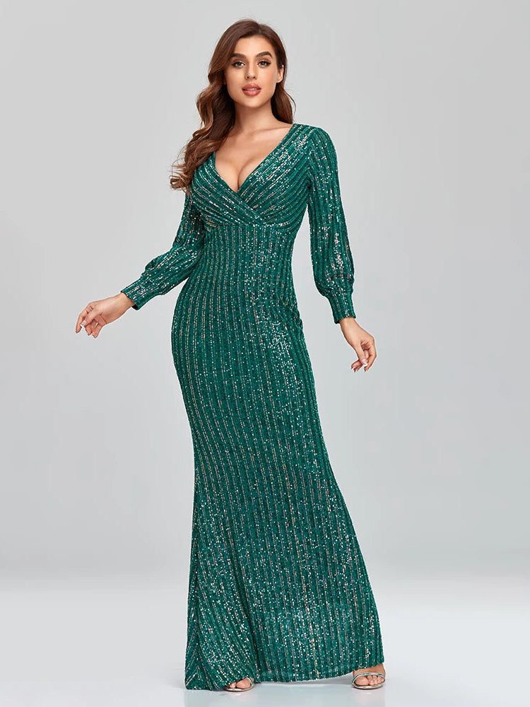 Long Sleeve V-Neck Sequin Fishtail Dress