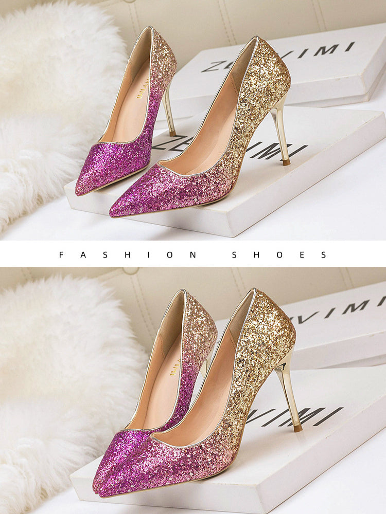 Nightclub tip gradual change sequined high heels