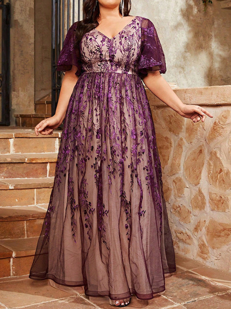 Large Size Purple Embroidered V-Neck Dress