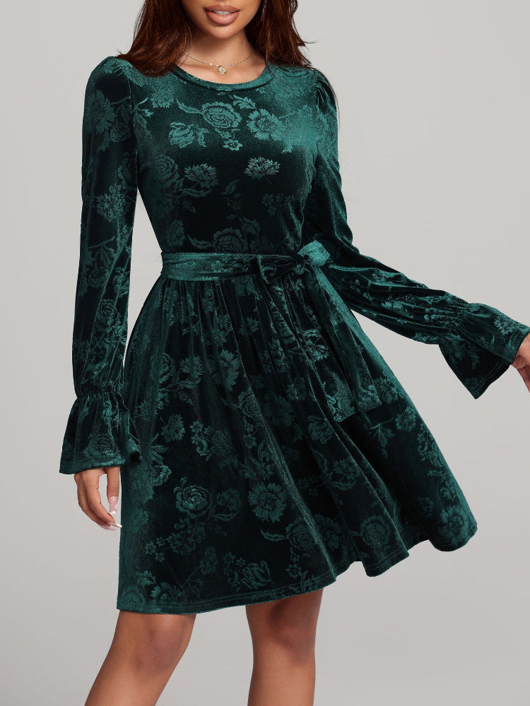 Green Velvet Print Long Sleeve Dress